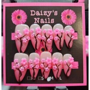Medium Size Press-on Nail 10Pc Set Handmade Almond Cherry Blossom 2.5 Cm Length